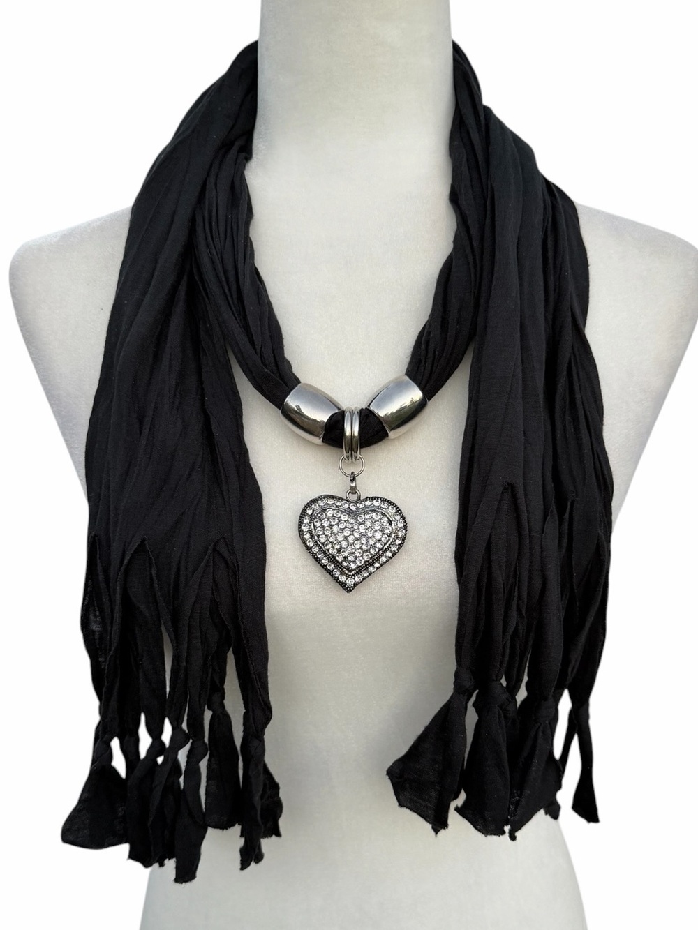 Oker Black Scarf and Reversible Sparkly Rhinestone Puff Heart Pendant